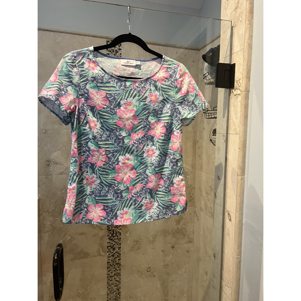 Vineyard Vines Womens Neon Floral Short Sleeve T-Shirt XXS Blue Pink Cotton